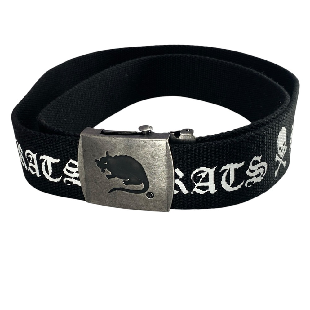 Stray Rats Mens Black Web Belt Gothic Logo Skull Crossbones Metal Buckle
